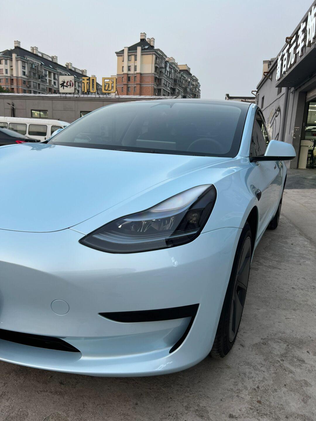 改装完成案例 特斯拉model3 马卡龙爵士蓝