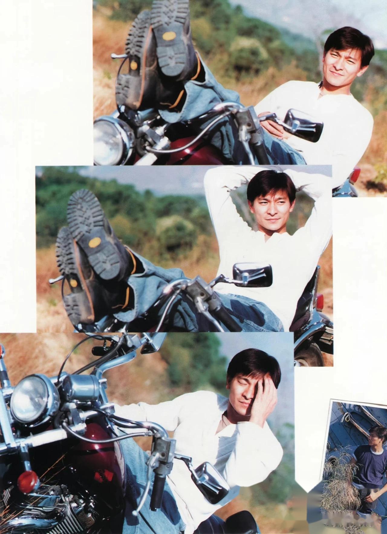 刘德华年轻时所拍的摩托车写真,一身休闲打扮的华哥正坐在一辆崭新的