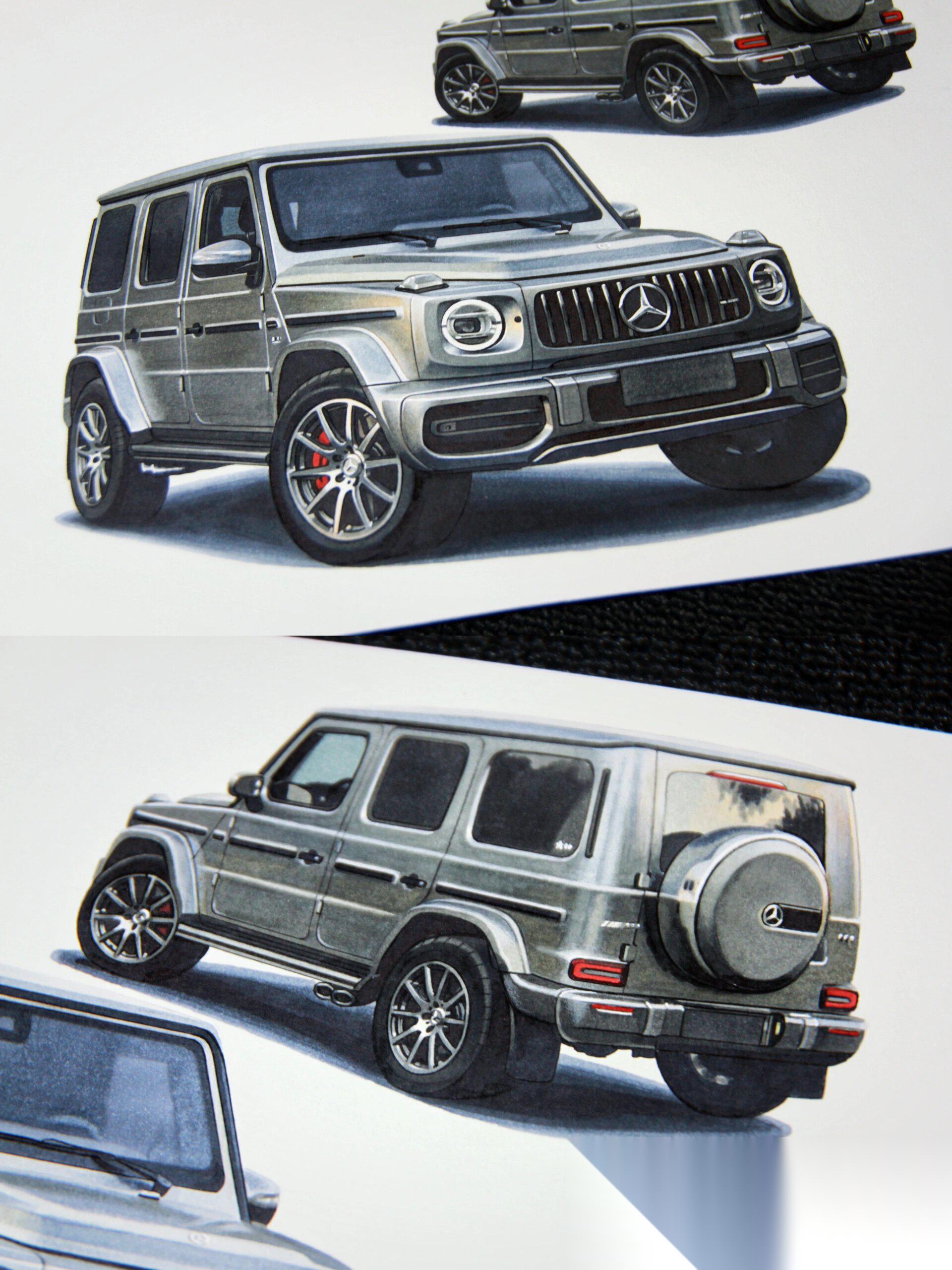 原创马克笔手绘奔驰g63 amg 手绘一组朋友的梅赛德斯奔驰am