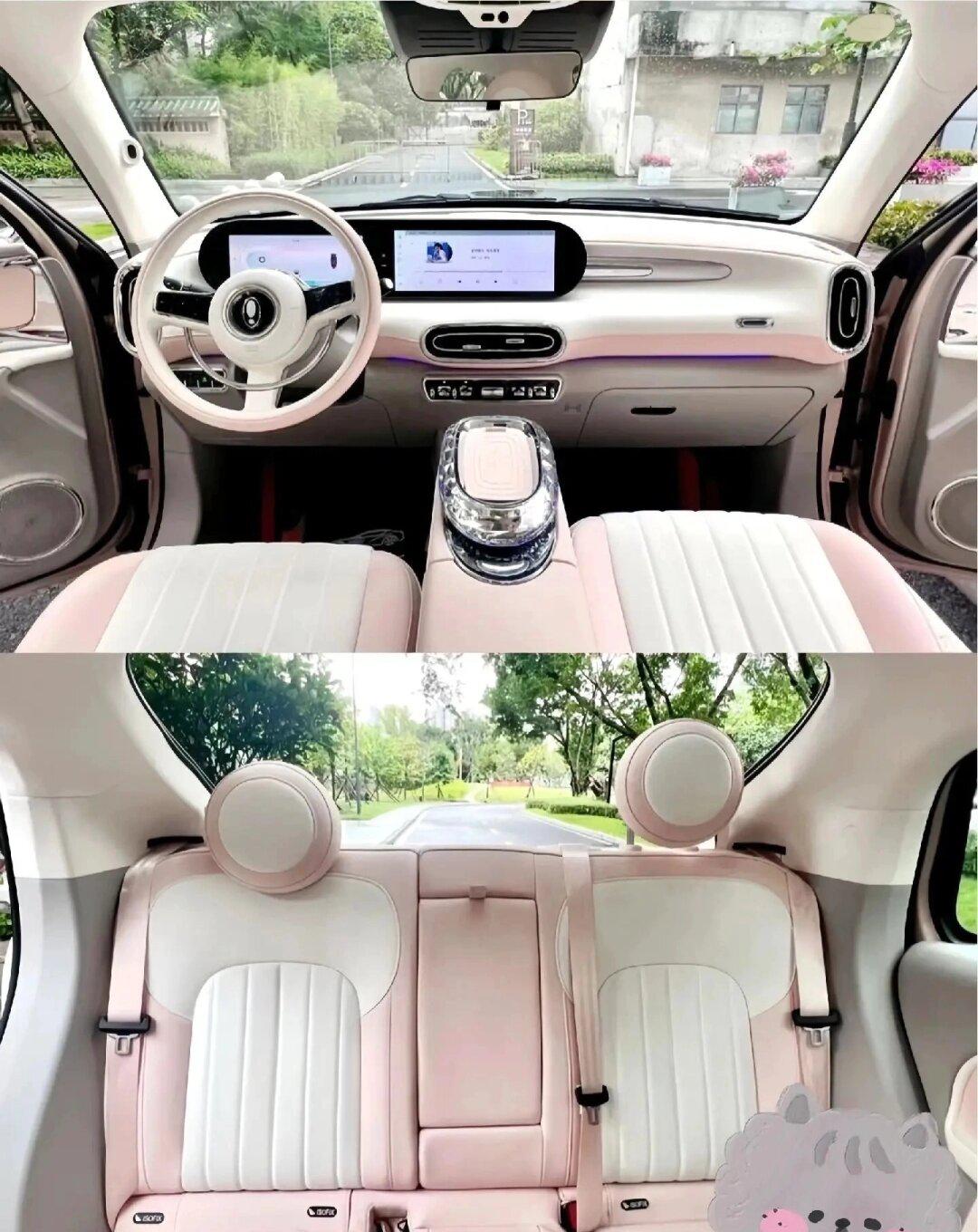 欧拉芭蕾猫内饰采用了环抱一体式"花漾优雅座舱"设计,车内整体是"