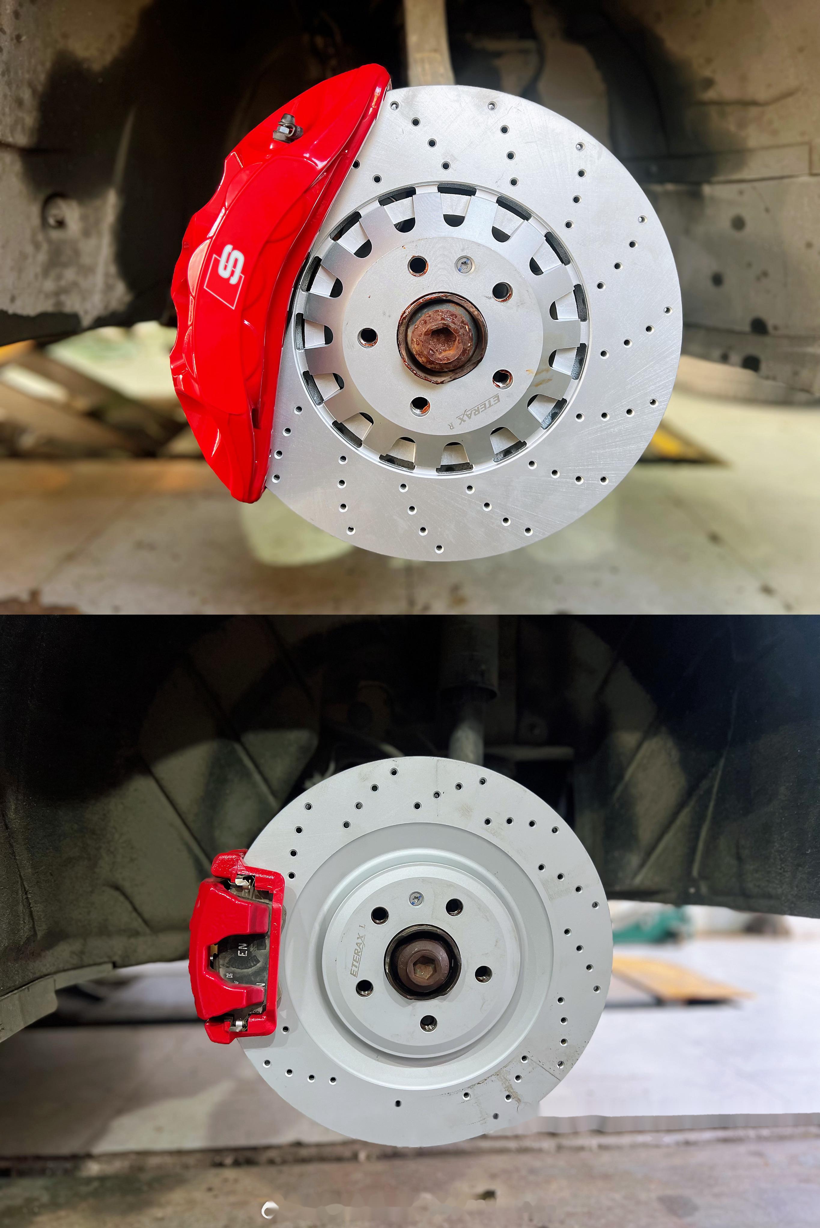 奥迪a4l刹车升级: -阿基波罗8n卡钳, -后轮打孔加大刹车碟, 你需要的