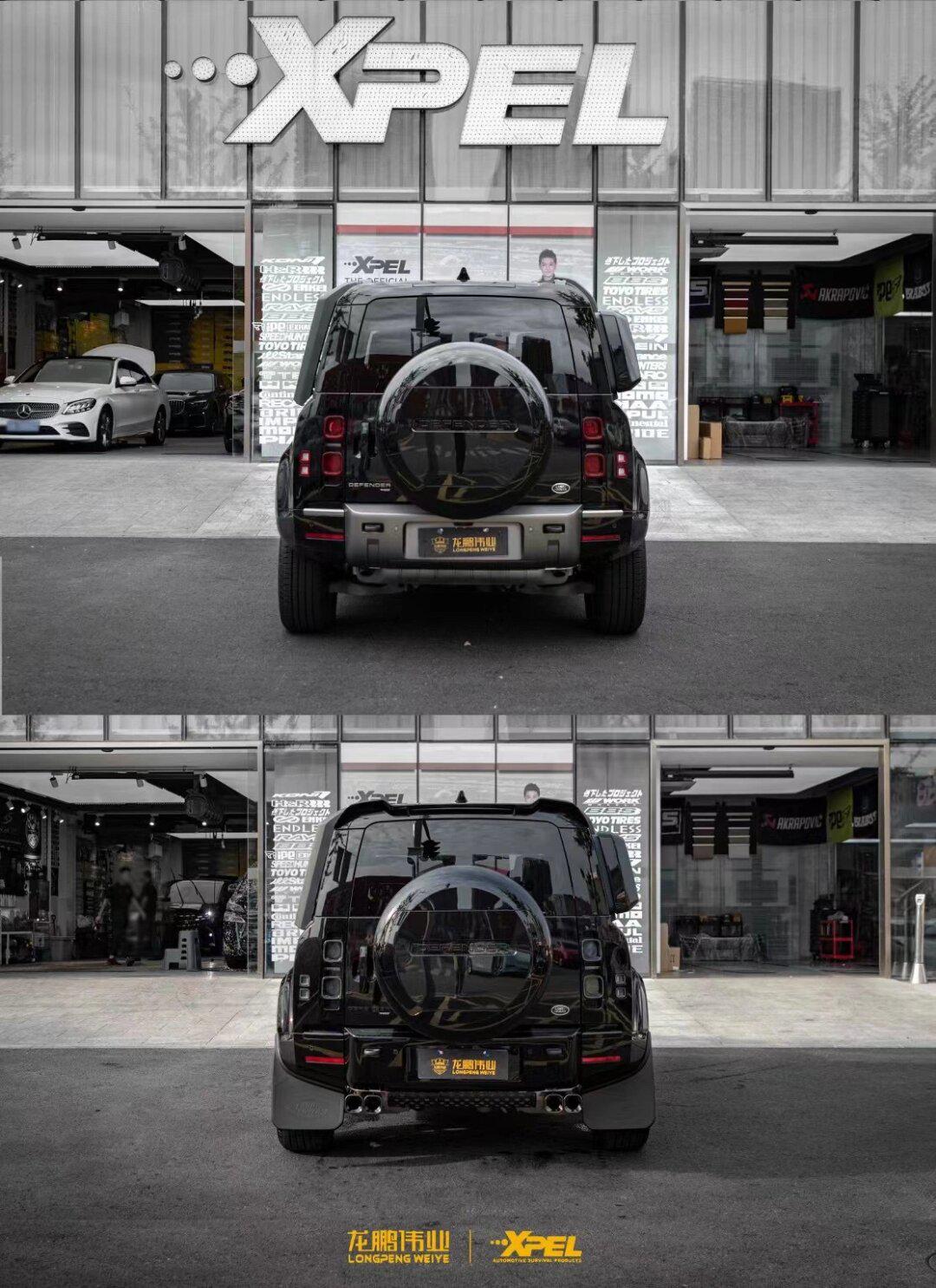 路虎卫士110改装件上车:卫士凯恩款前唇风刀 亮黑尾翼 前后杠黑化套件