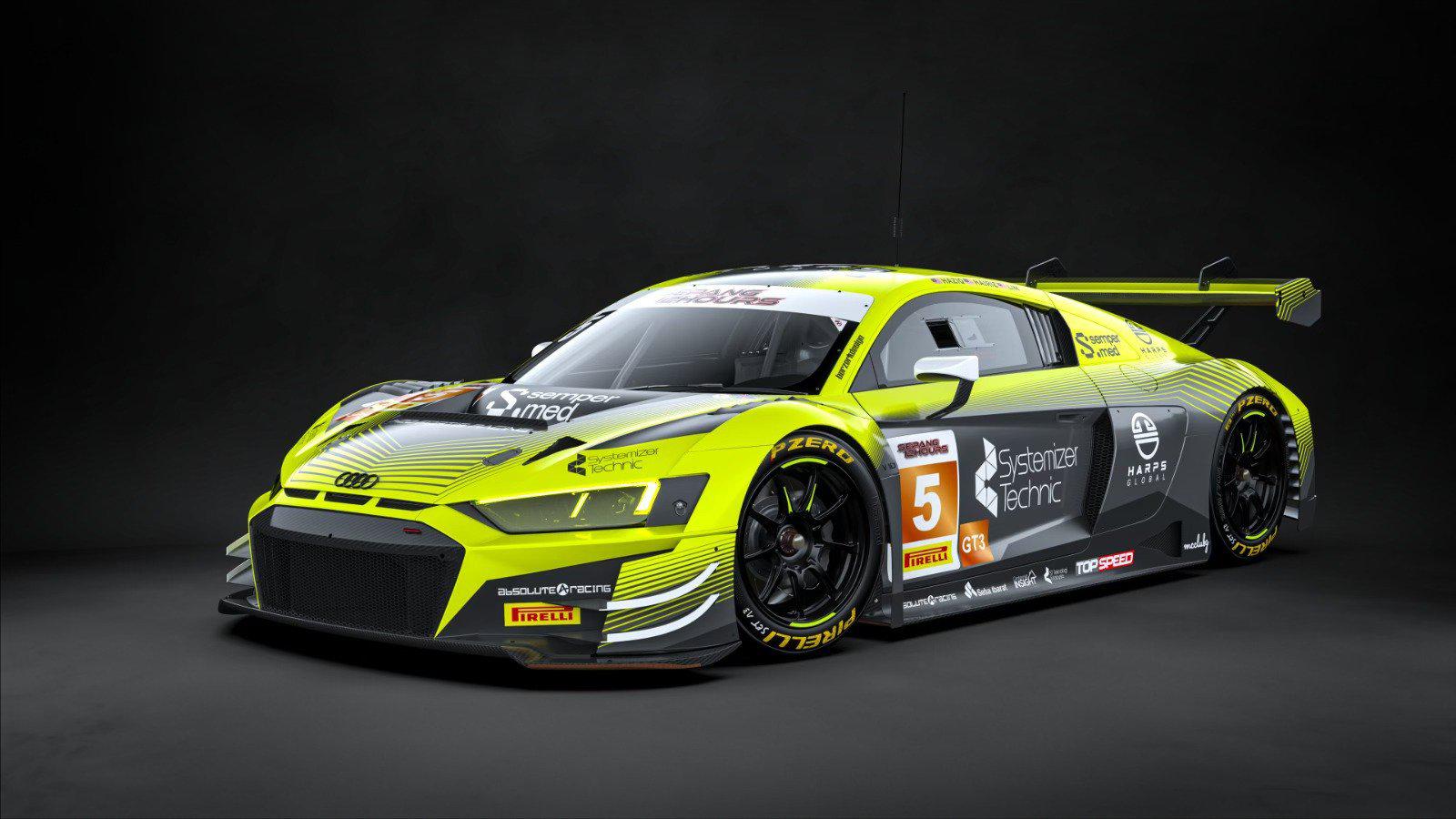 绝对车队 ,其中包含两台奥迪r8 lms gt3 evo ii赛车与一台保时捷9