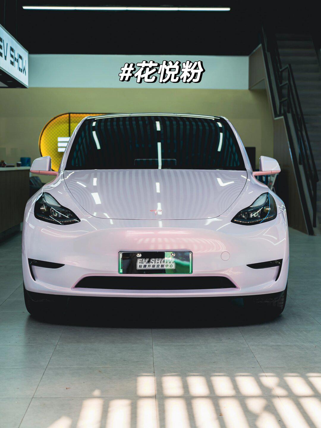 特斯拉model y全车花悦粉胭脂粉点缀