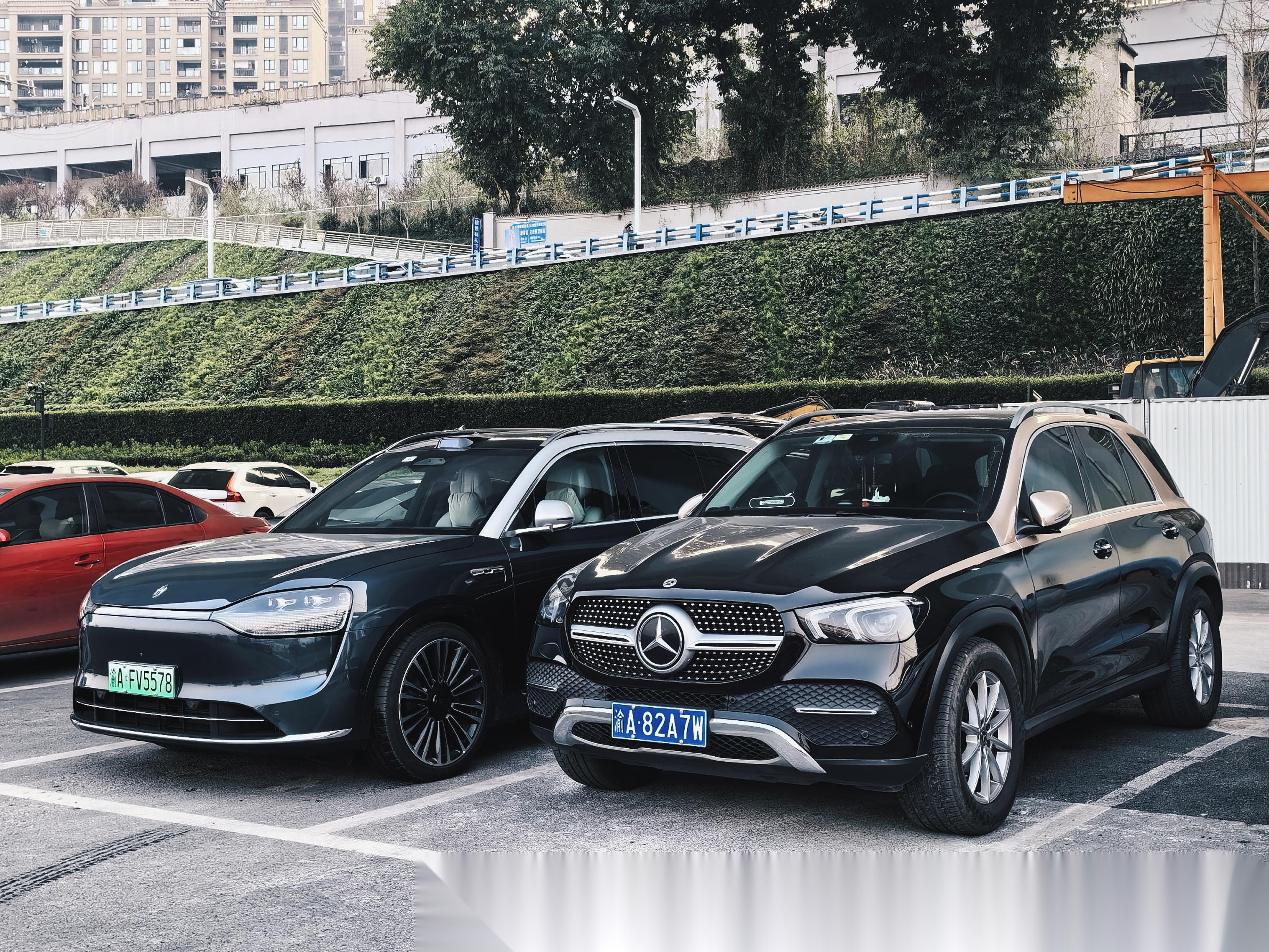 出来拍照碰到一辆奔驰gle350,也是双拼配色,就忍不住和问界m9一起拍了