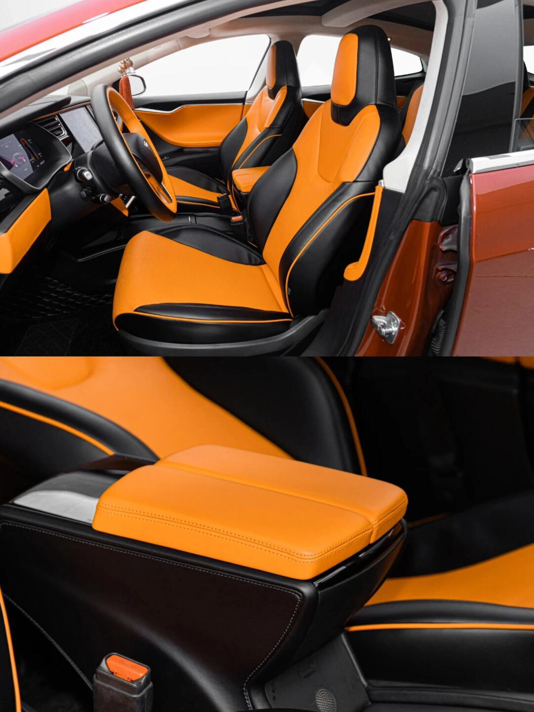 特斯拉model s升级整车爱马仕橙黑双拼内饰