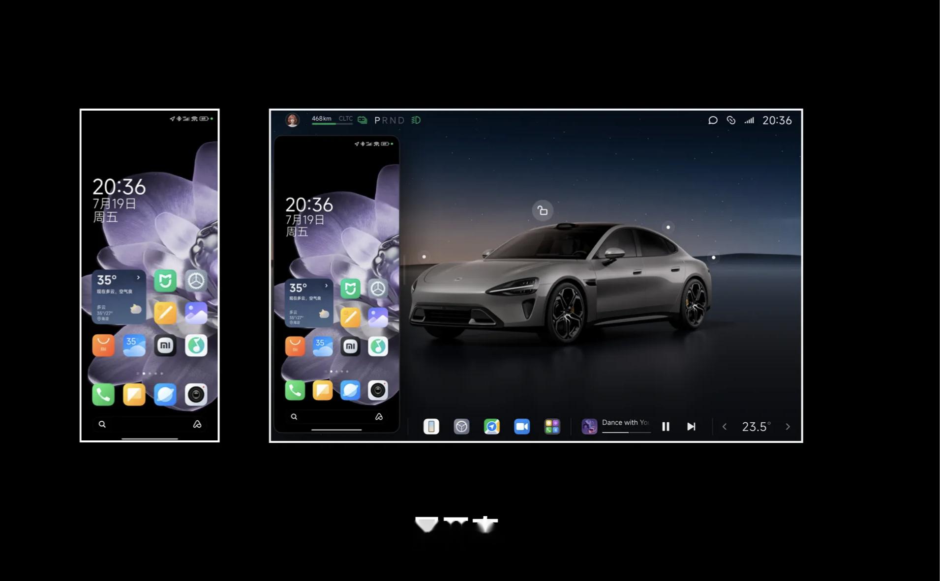 小米新出的两款折叠屏手机在小米车机上投屏的效果如图,也有翻折和