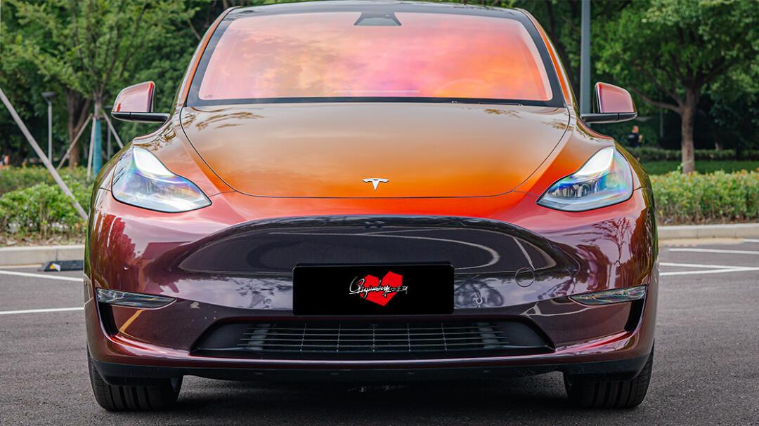 特斯拉model y改色流光黑魅红_model y社区_易车社区
