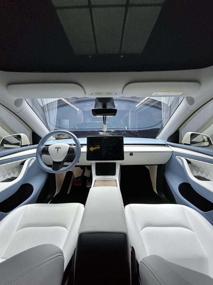 特斯拉model y 白配湖水蓝内饰,配色高级,很耐看.