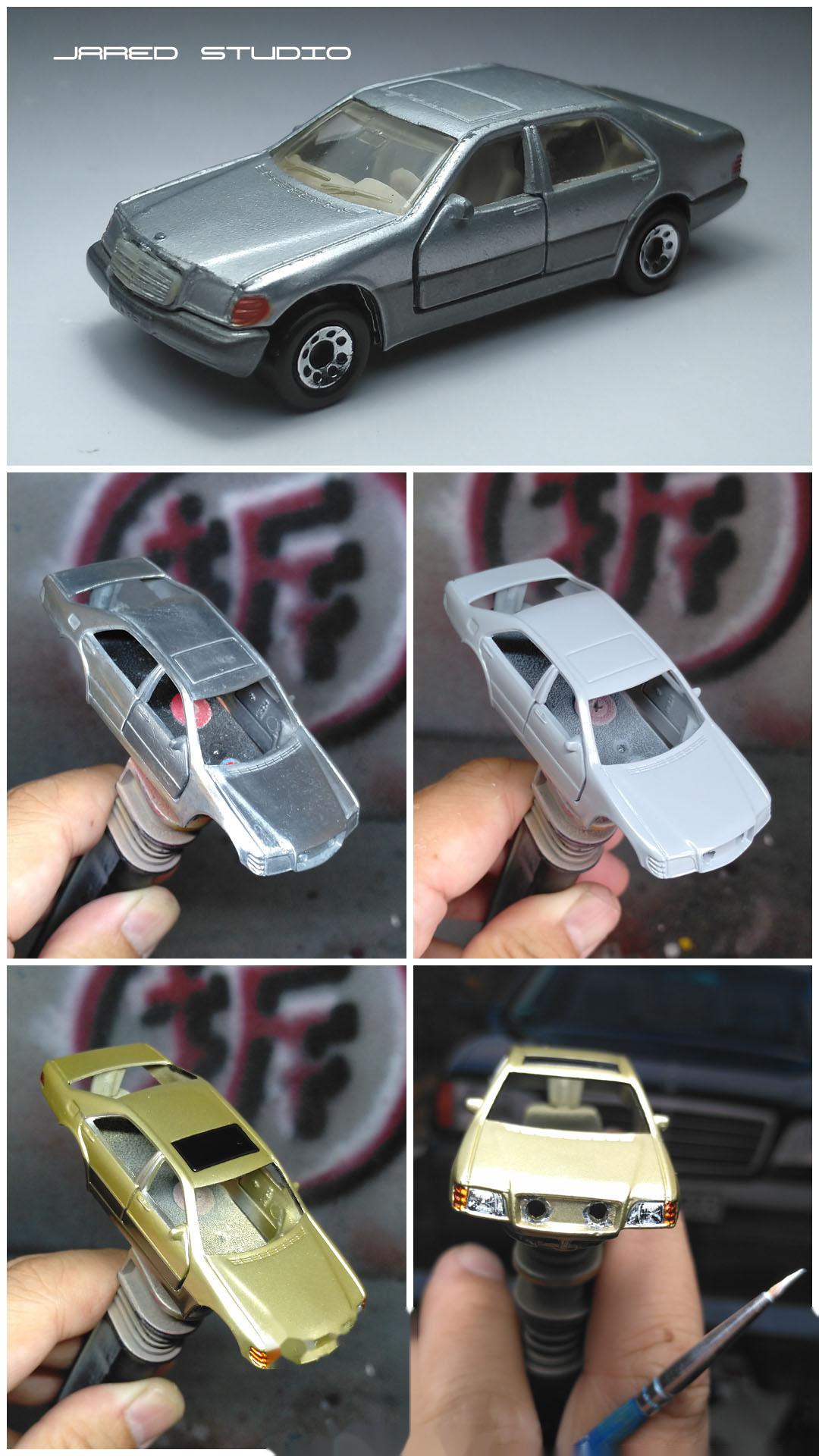 完工一辆老火柴盒奔驰600sel仿真化改造,客人让我做主,喷成香槟金和棕