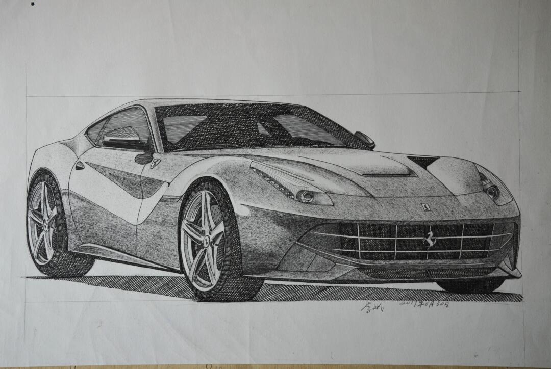 钢笔画超级跑车法拉利f12berlinetta