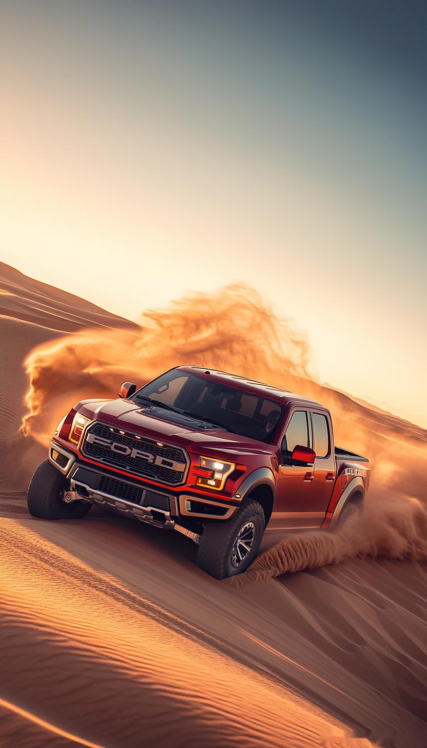 一辆鲜艳的红色皮卡在广袤无垠的沙漠中驰骋,车轮卷起滚滚沙尘