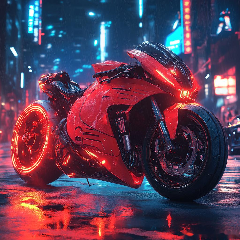 午夜的城市街头,一辆红色摩托机车在霓虹灯下显得格外醒目