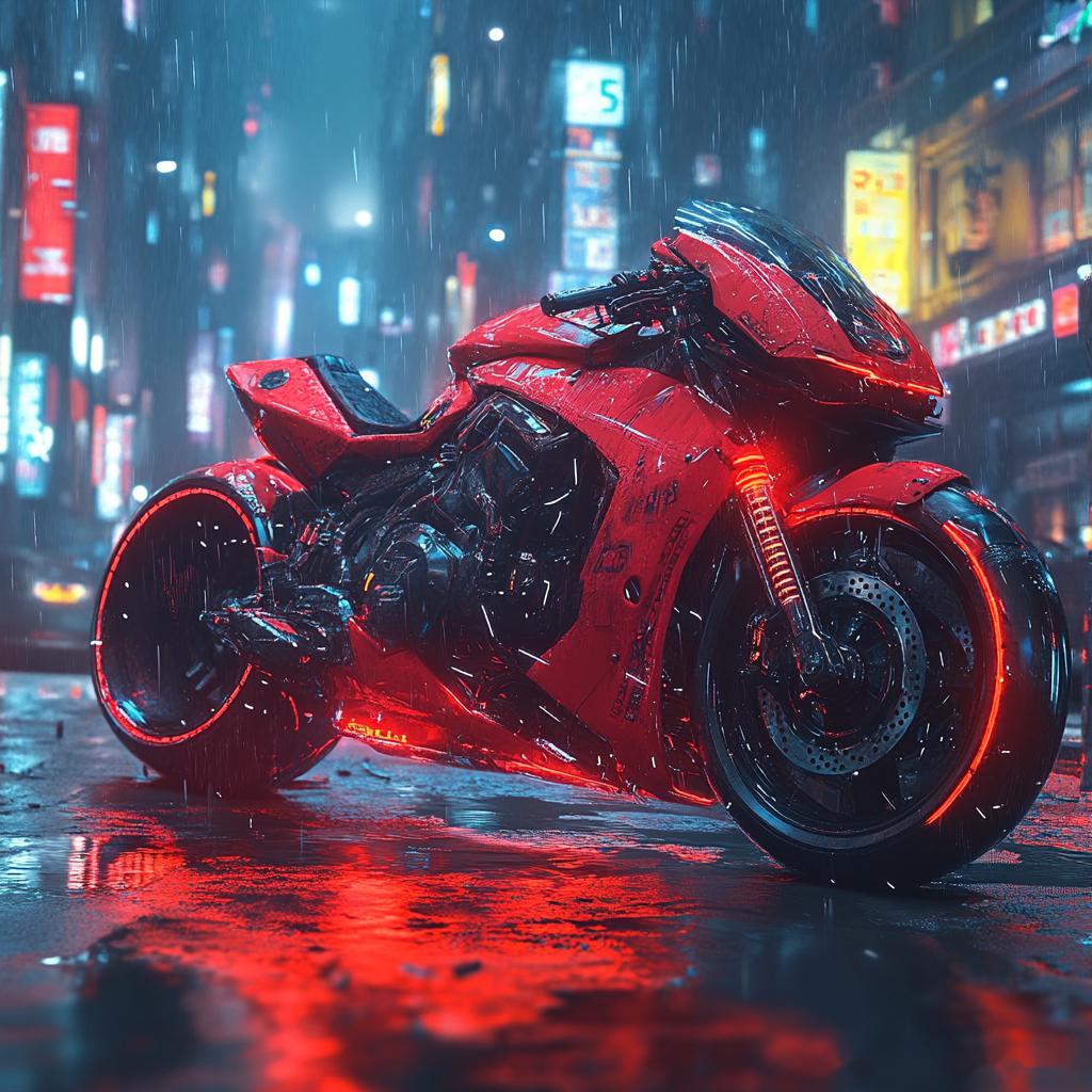 午夜的城市街头,一辆红色摩托机车在霓虹灯下显得格外醒目