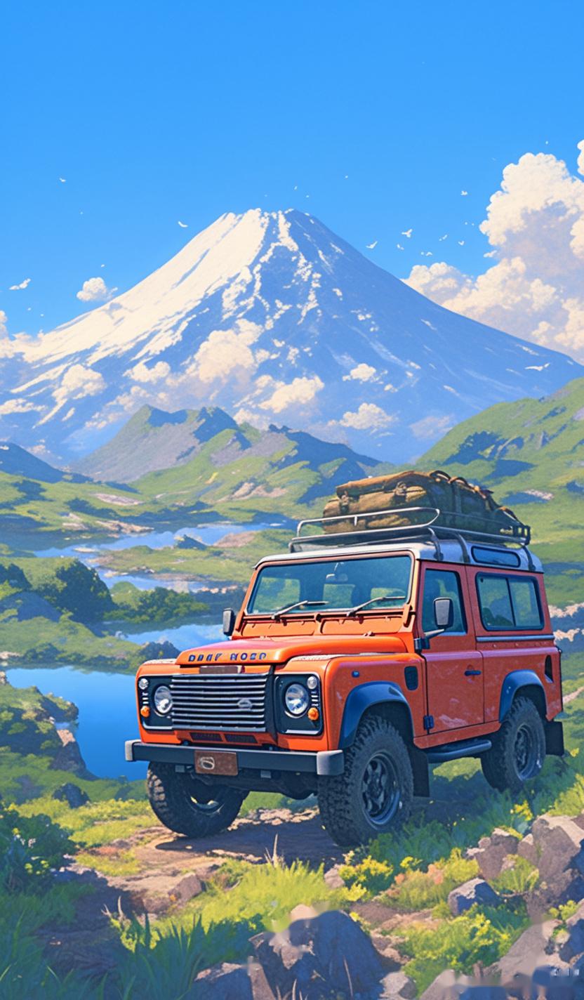 路虎卫士越野车在山间原野中驰骋,车身线条硬朗,展现出强大的越野性能